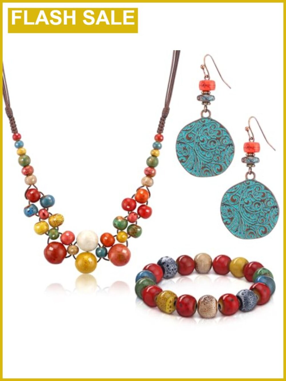 Ceramic Beaded Boho Jewelry Set Necklace Earrings Bracelet Adjustable